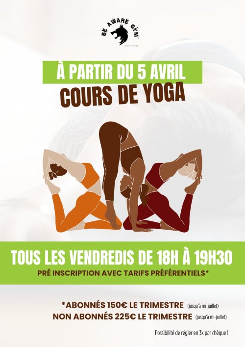 🌿🌟 Nos cours de yoga démarrent le 5 avril chez Be Aware Gym! 🎉